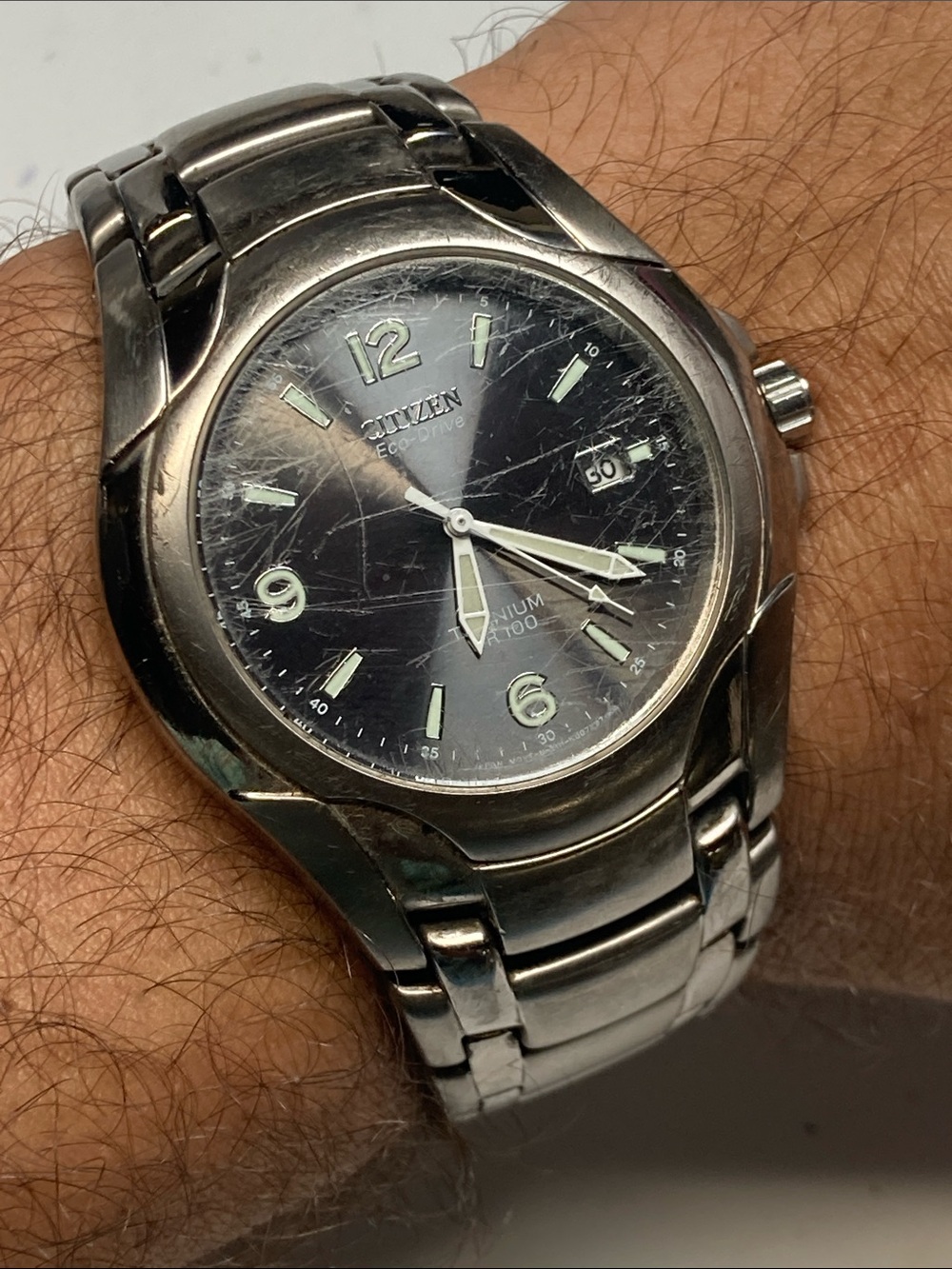 Citizen titanium eco drive Watch, Black Dial, heavy wear